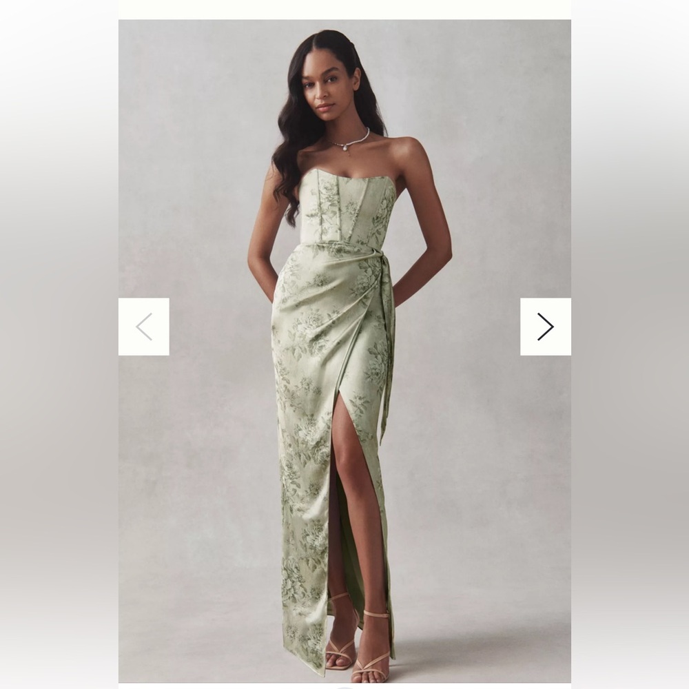 V. Chapman June Printed Corset Front-Slit Satin Gown